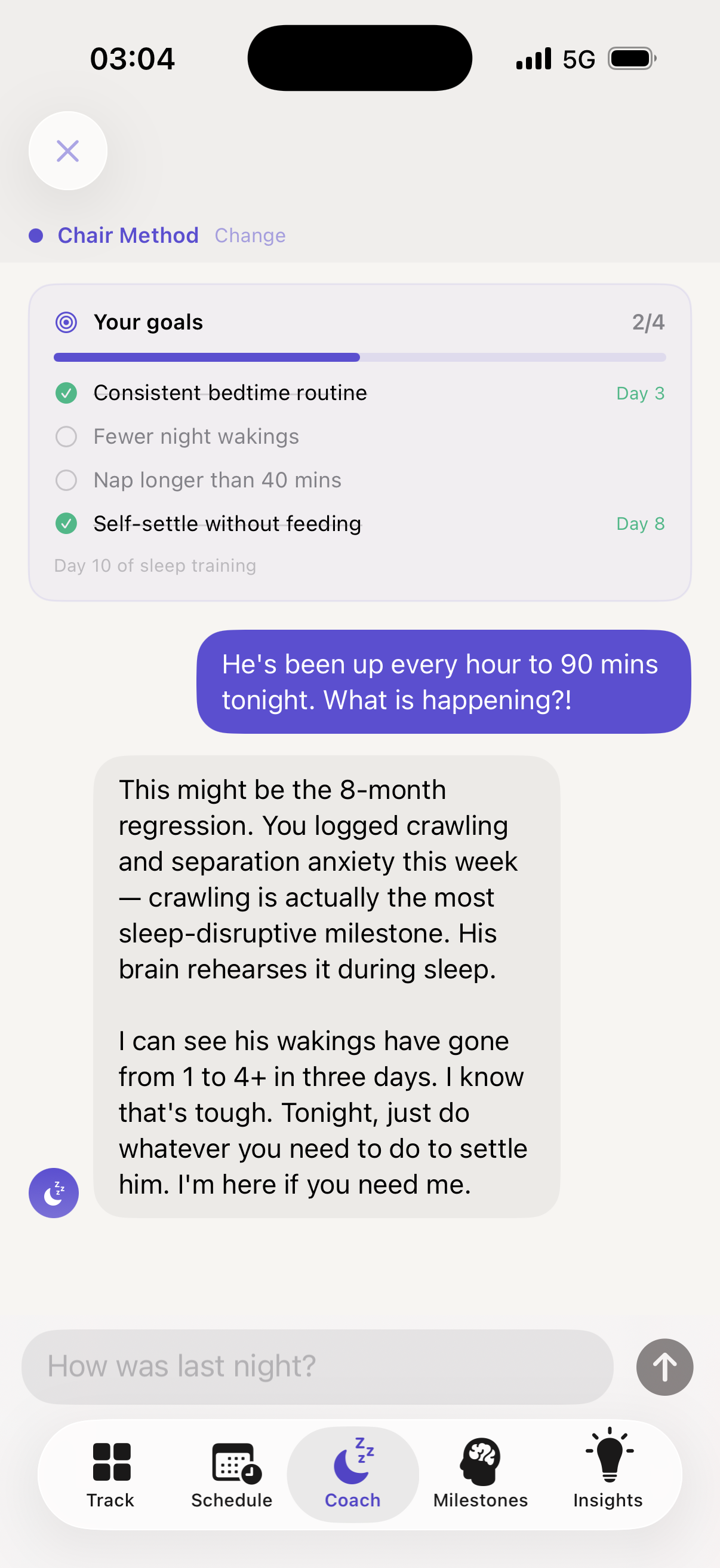 Settle sleep coach at 3am helping a parent understand why their 8-month-old is waking every hour — linking crawling and separation anxiety to the regression