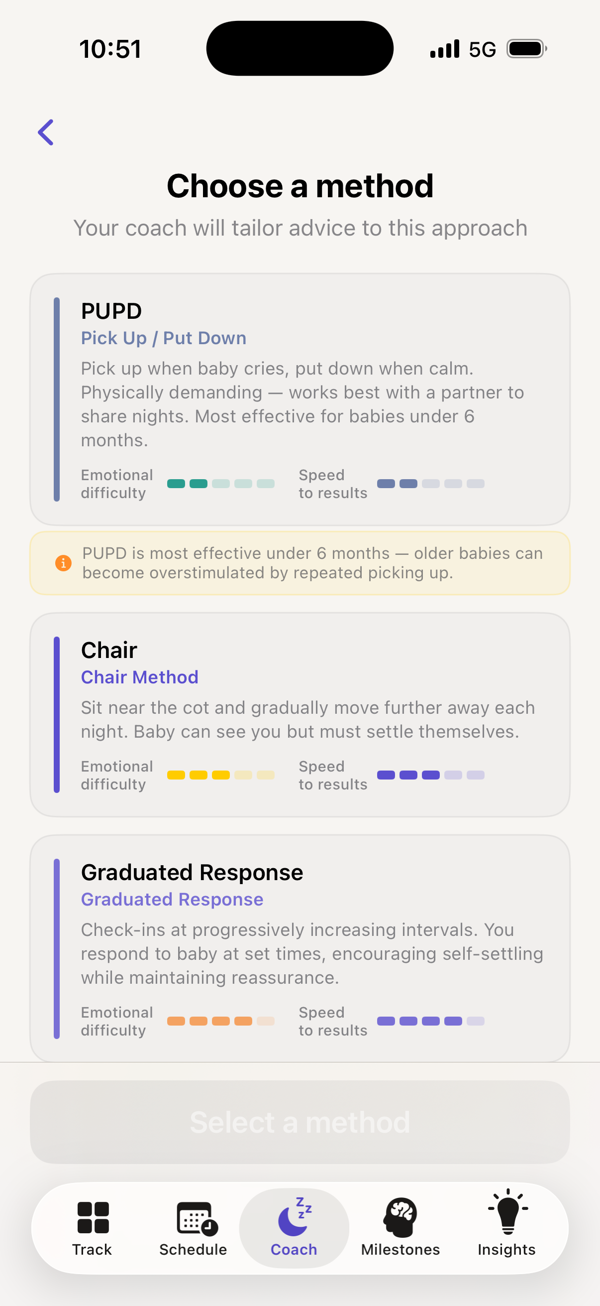 Settle sleep training methods: Chair Method, Gradual Retreat, Pick Up Put Down — each showing emotional difficulty and speed ratings