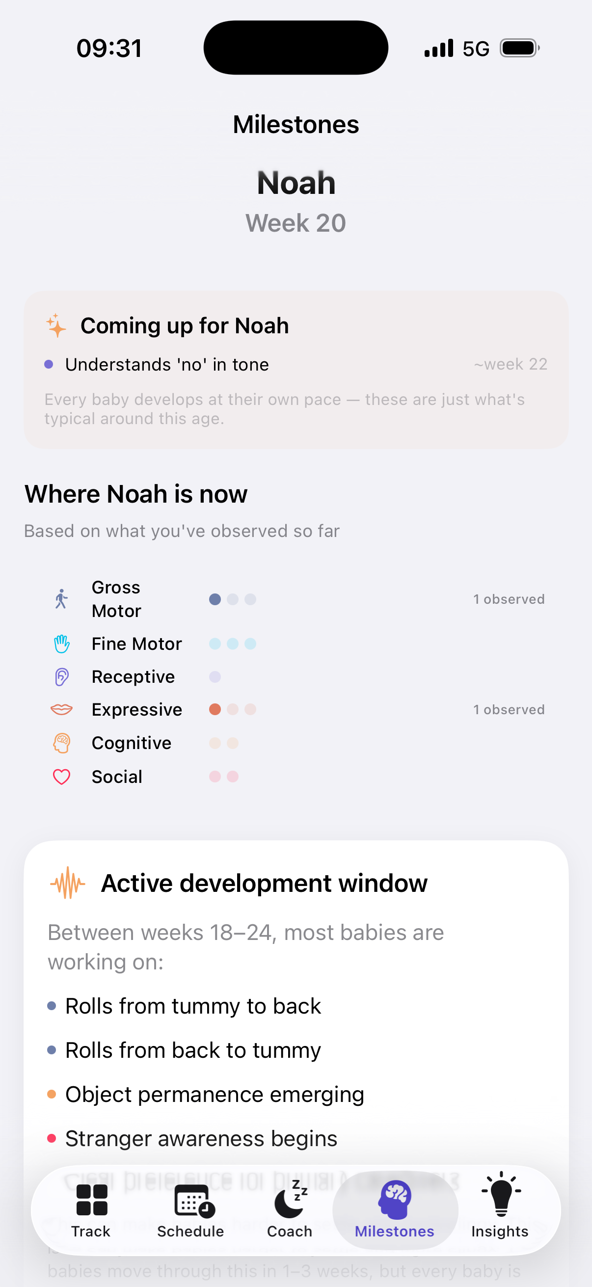 Settle milestones tab showing Noah's recently observed milestones and upcoming ones with NHS-aligned age ranges