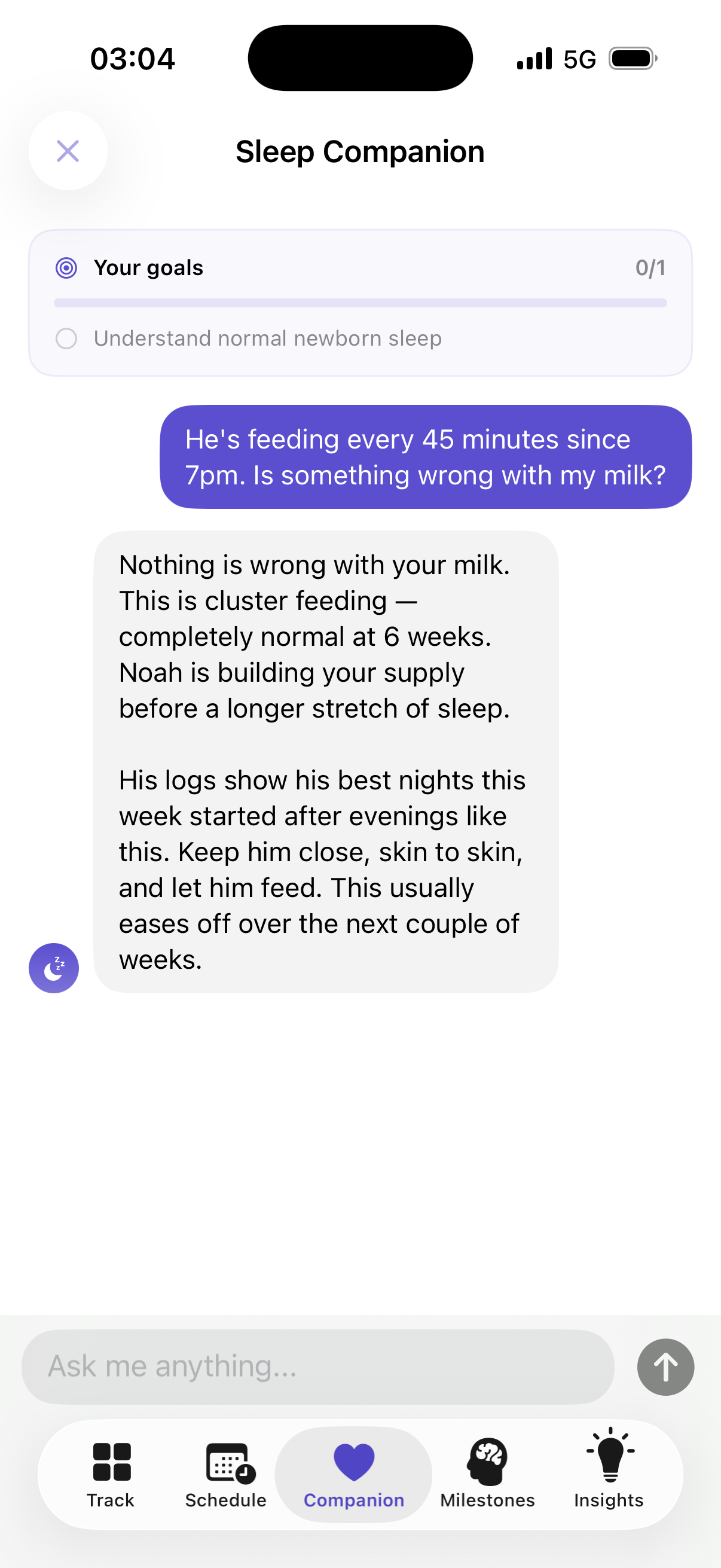 Settle newborn companion conversation reassuring a parent at 3am that cluster feeding is normal, with warm and judgement-free support