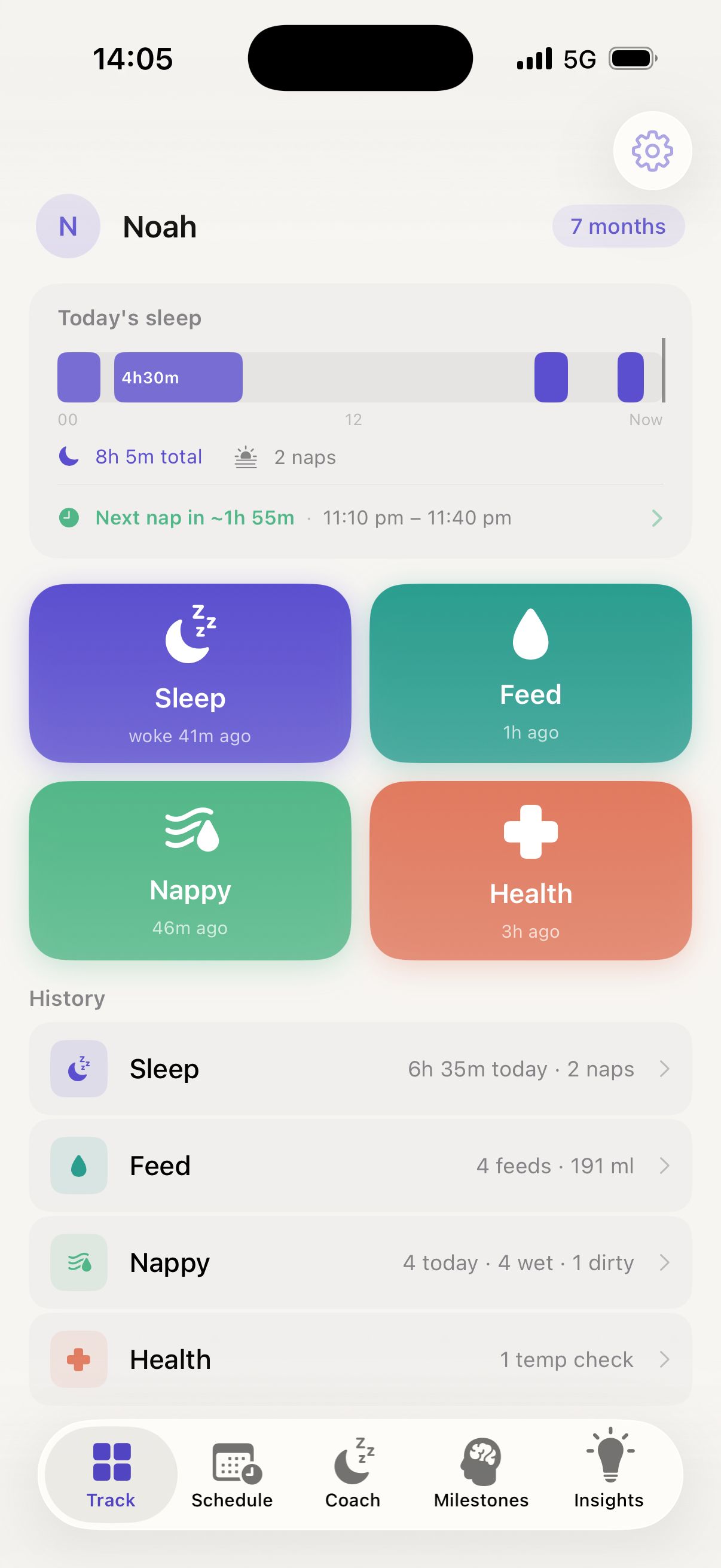 Settle sleep tracking dashboard showing live timers, nap timeline, and today's sleep summary